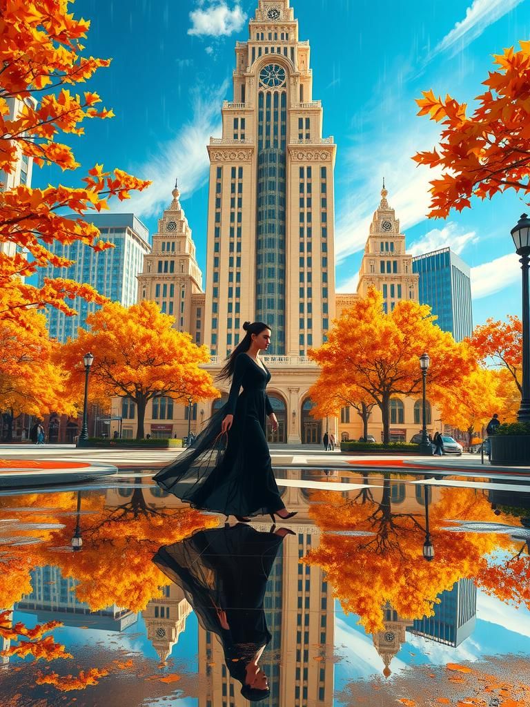Autumn City Reflection in Art Deco Style