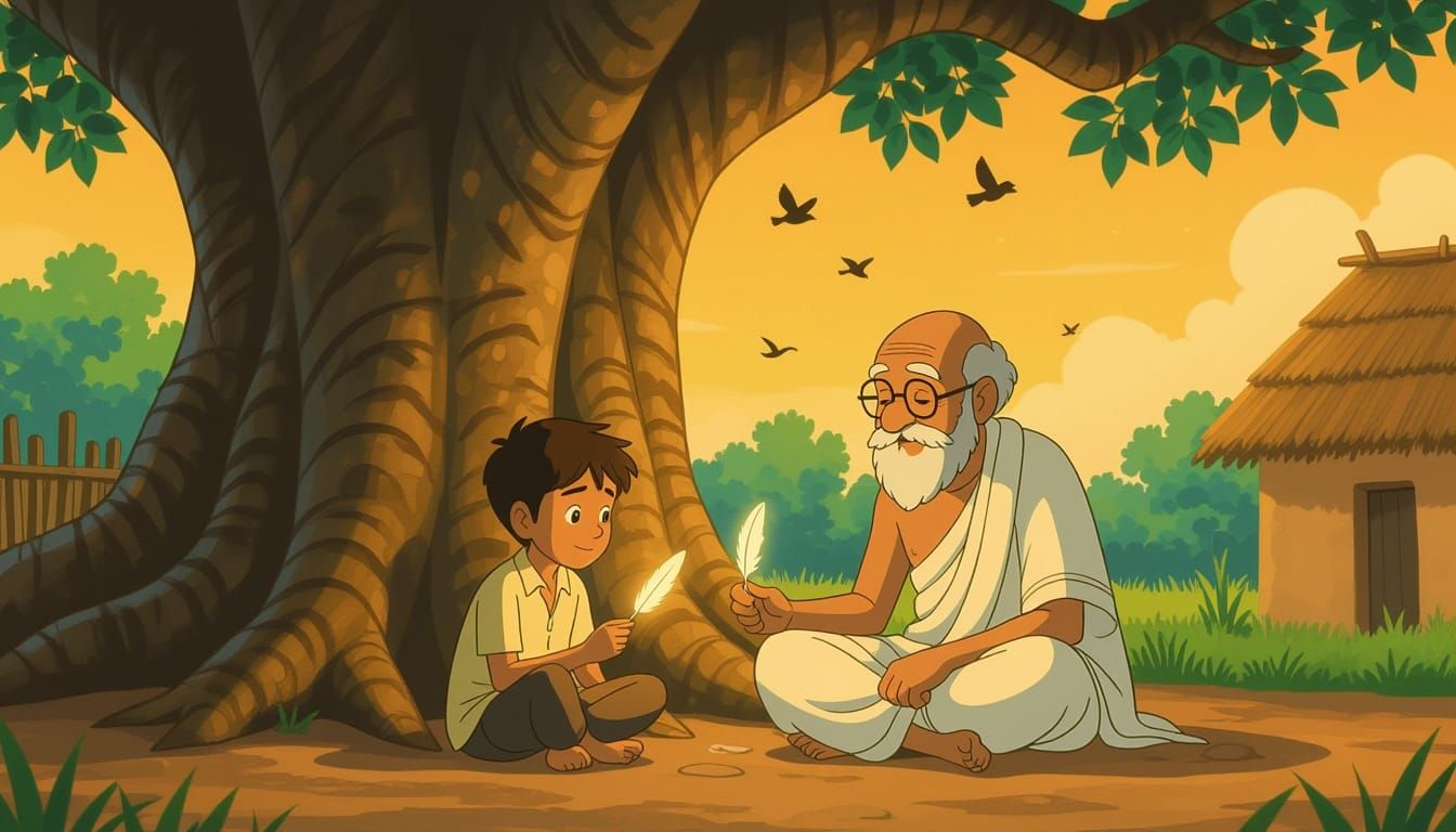 Bengali Village Scene: Boy and Grandfather Under Banyan Tree
