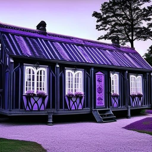 Gothic trailer home with painted black with purple accents& ethereal gothic windows& gothic vibes& dark fantasy vibes& e...