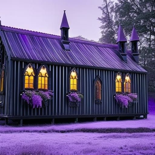 Gothic trailer home with painted black with purple accents& ethereal gothic windows& gothic vibes& dark fantasy vibes& e...