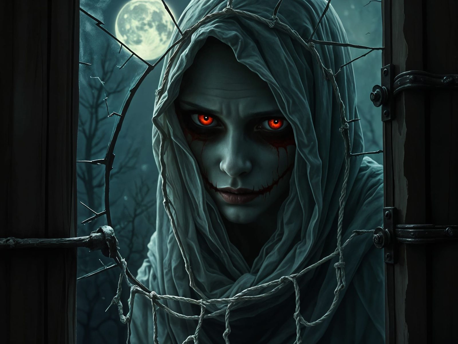 Ethereal Ghost Peer Through Broken Window in Moonlit Night