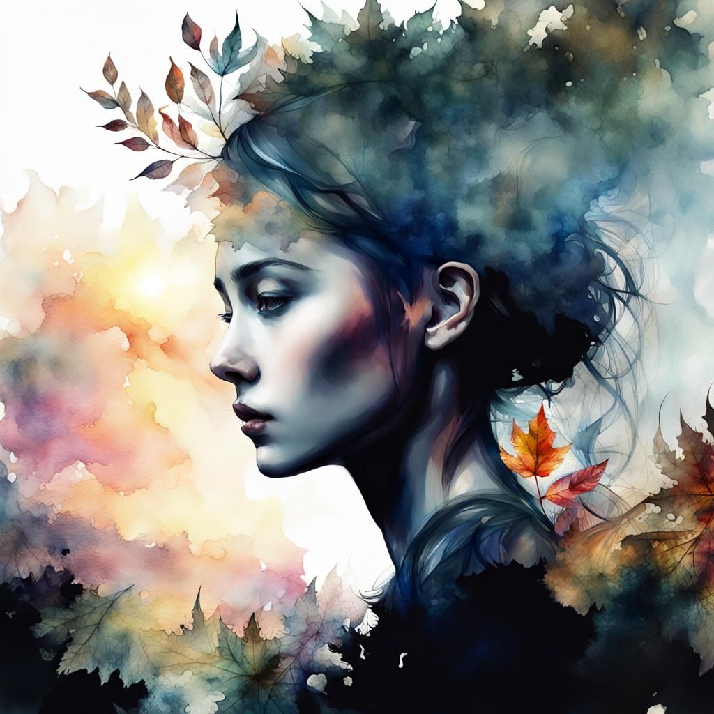 Mysterious Autumn Leaves in Digital Watercolor