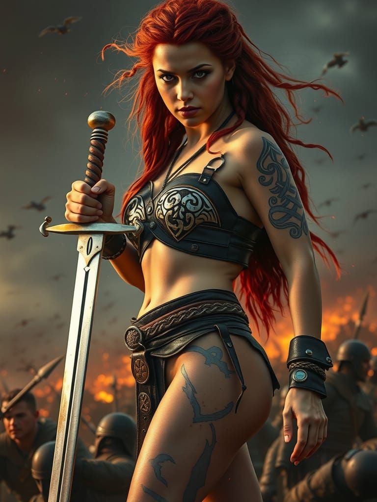 Fierce Female Barbarian Warrior on War-Torn Battlefield