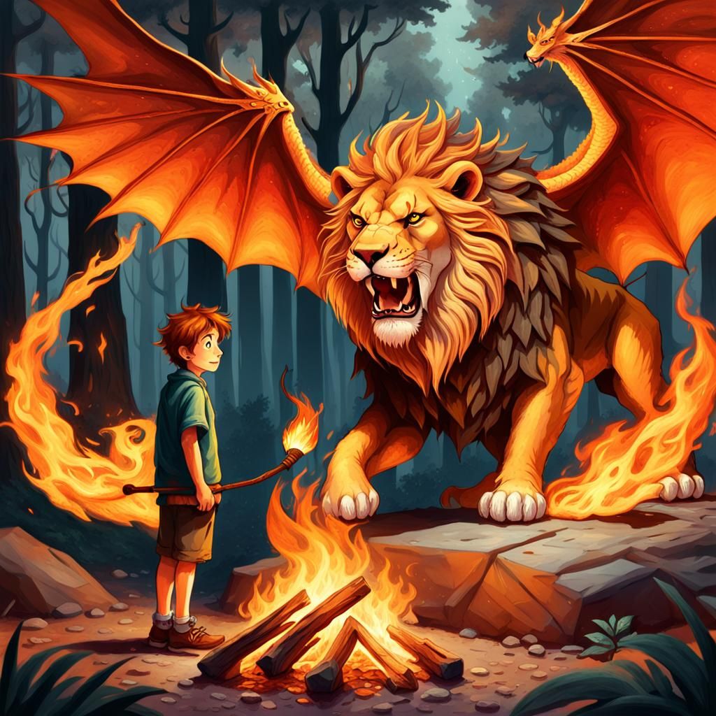 Fiery Lion Emerging from Campfire