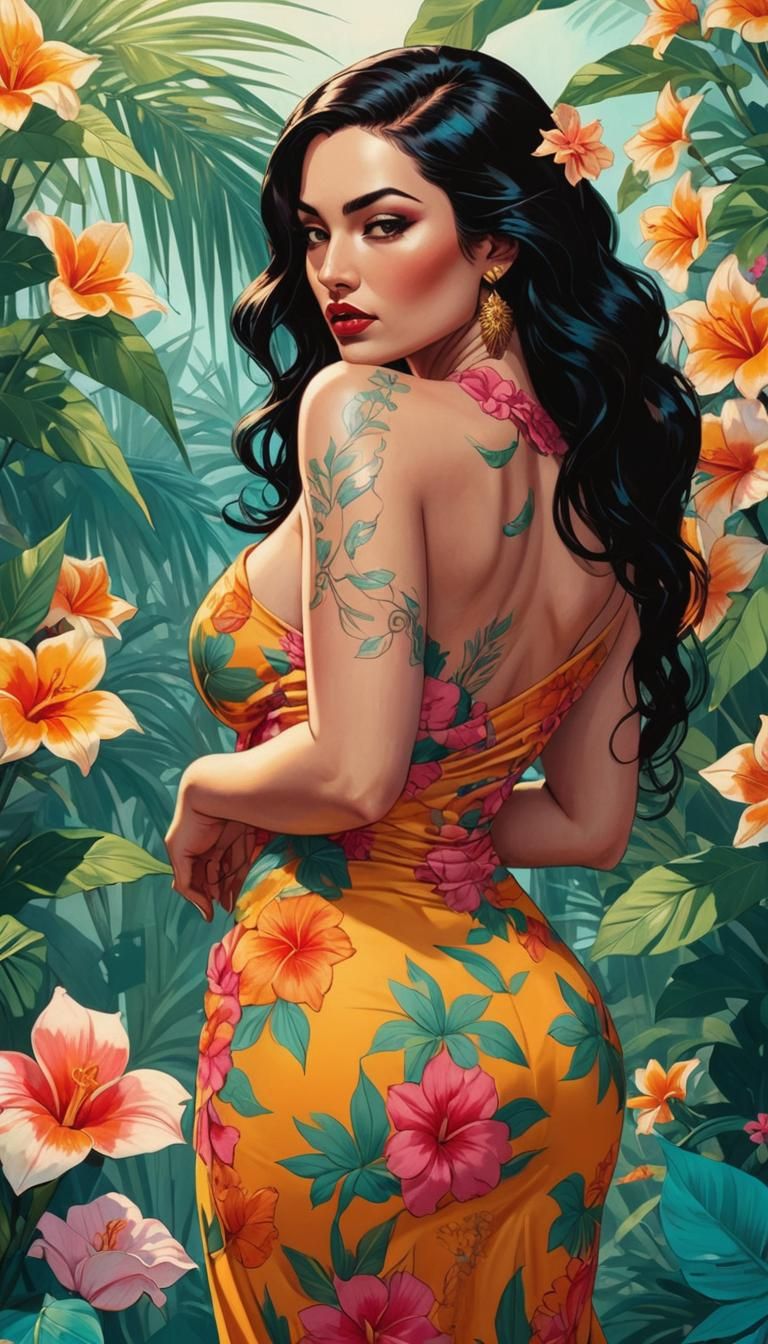 Latina in Surreal Fauvist Portrait with Tropical Flowers