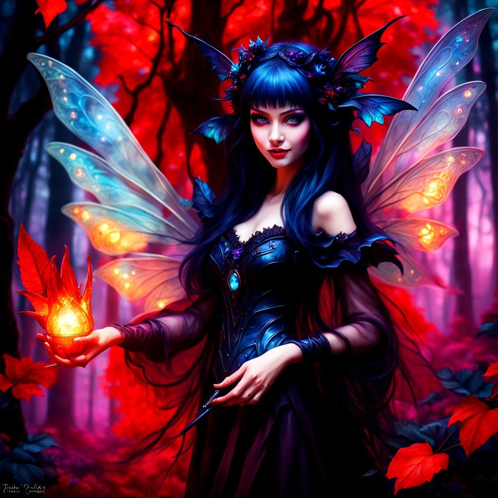 Dark Fairy with Bioluminescent Wings in Enchanted Forest
