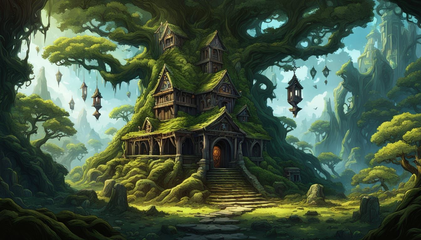 Sacred Birdhouse Temple in Colossal Oak, Comic Style