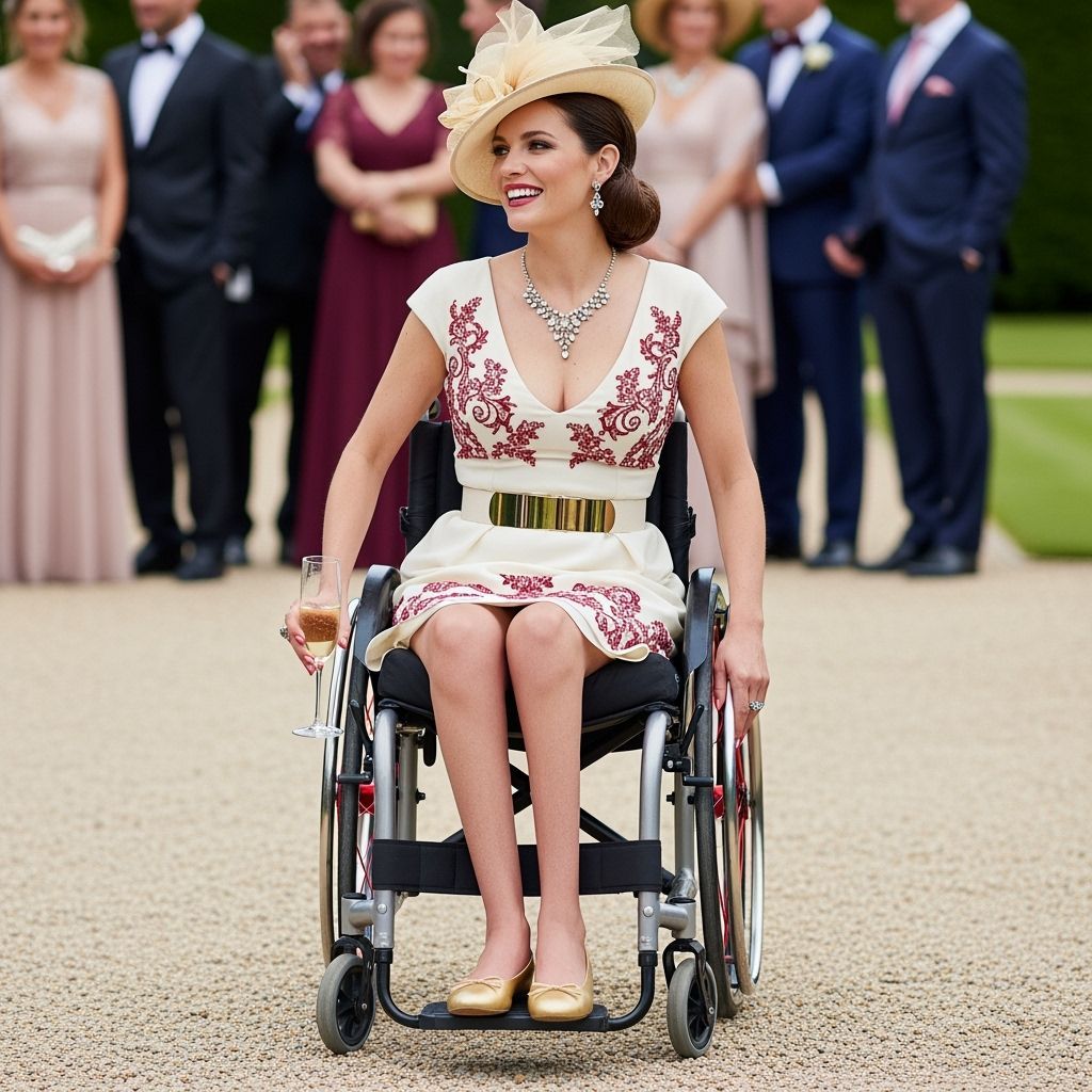 Elegant Woman in Wheelchair at Garden Party