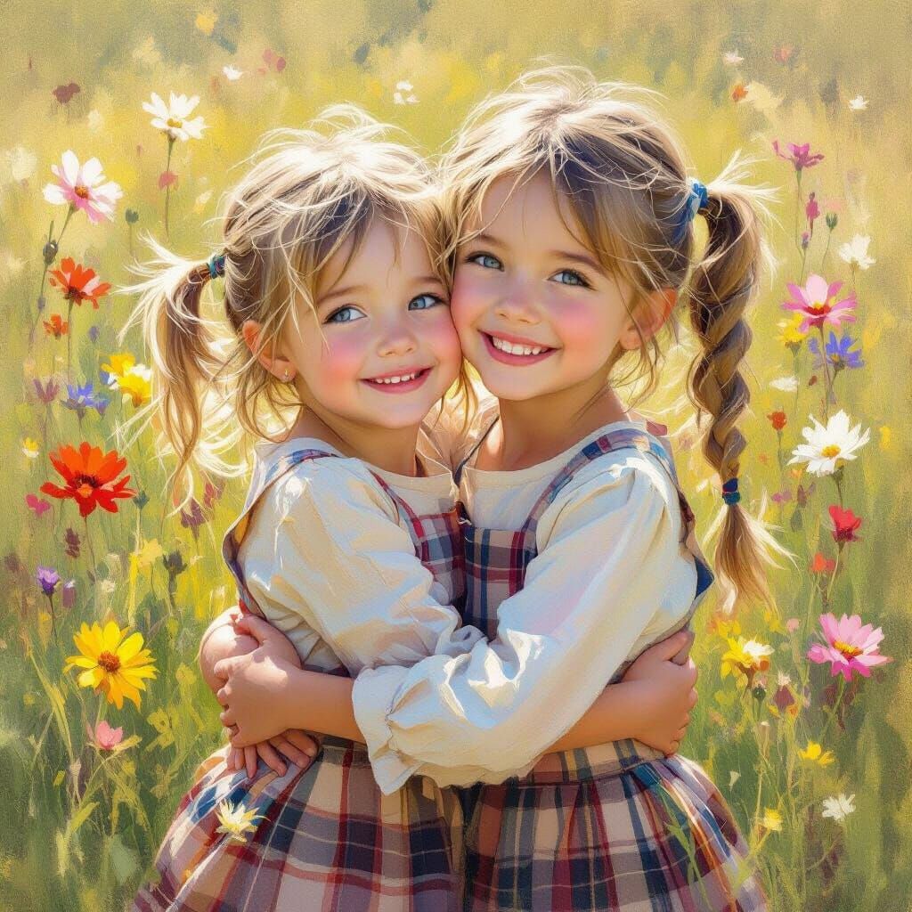 Sisters Embrace in Sunlit Meadow, Impressionistic Style
