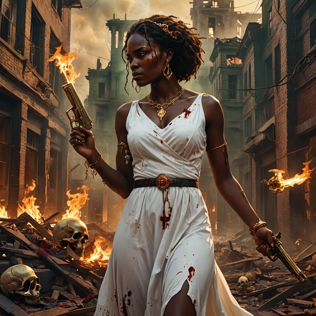 Woman with Golden Gun in Fantasy Setting