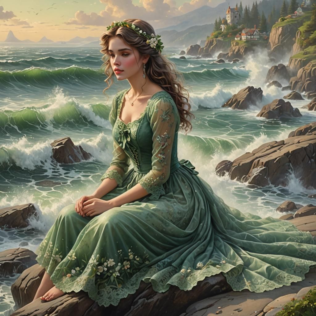 Girl in Green Gown by Stormy Sea