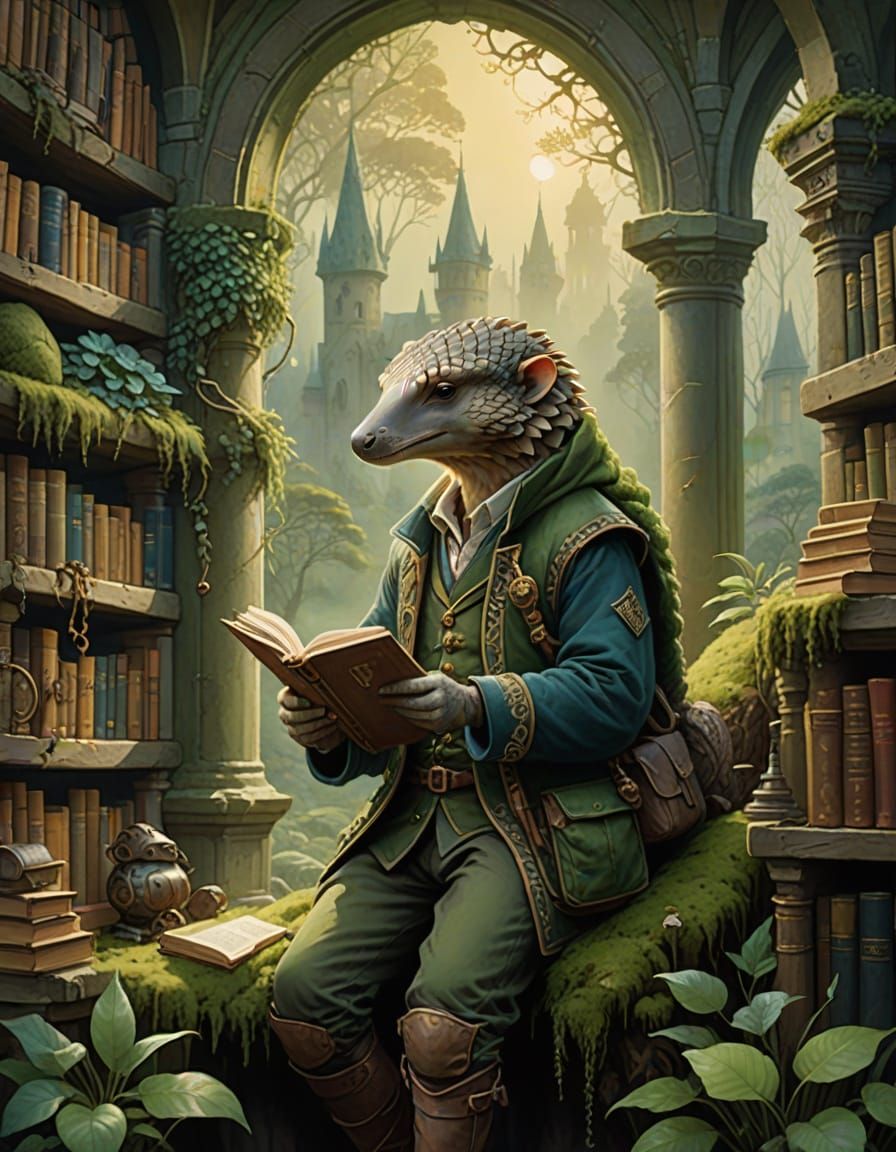 Whimsical Pangolin Librarian in Moss-Covered Tower