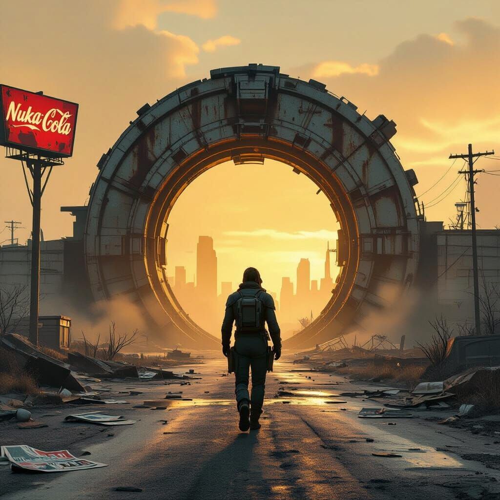 Apocalyptic Cityscape with Lone Wanderer in Cinematic Style