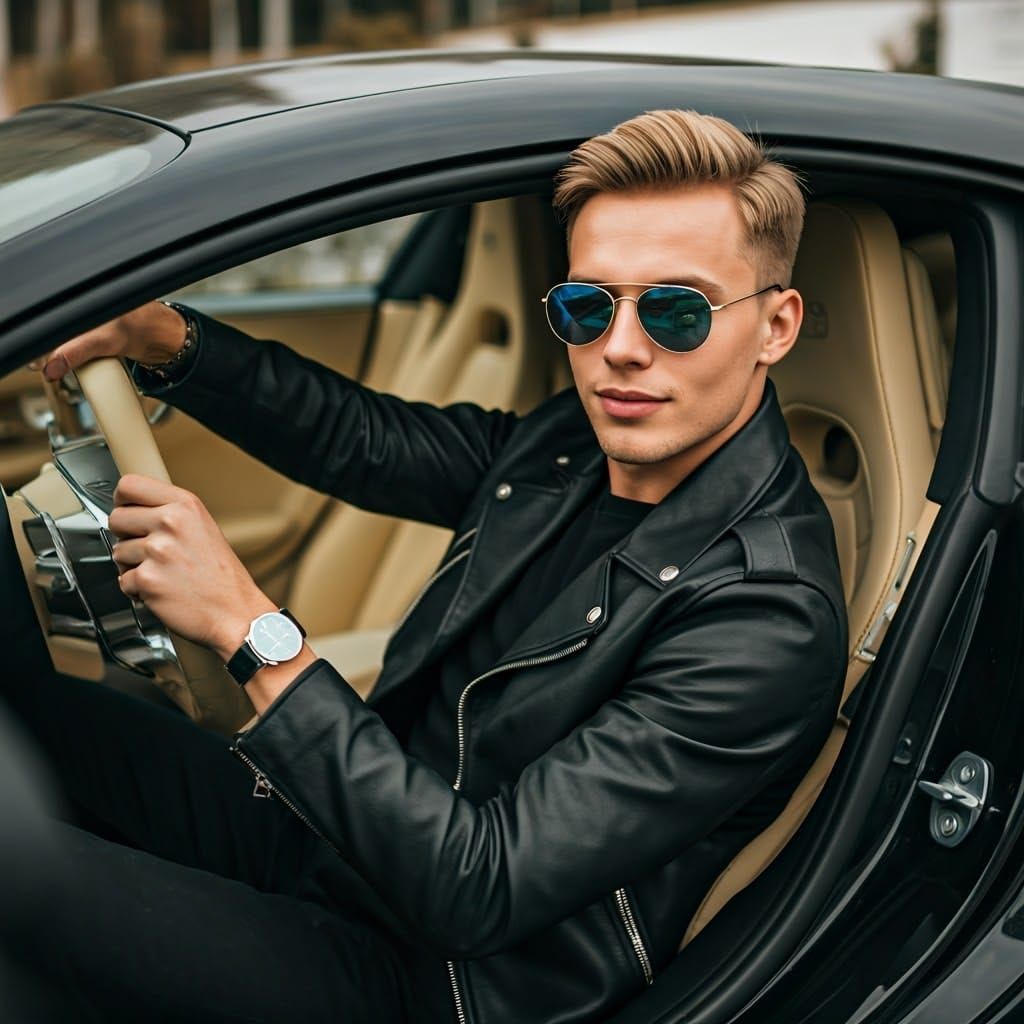 Confident Young Man Behind the Wheel of a Luxurious Black Bu...