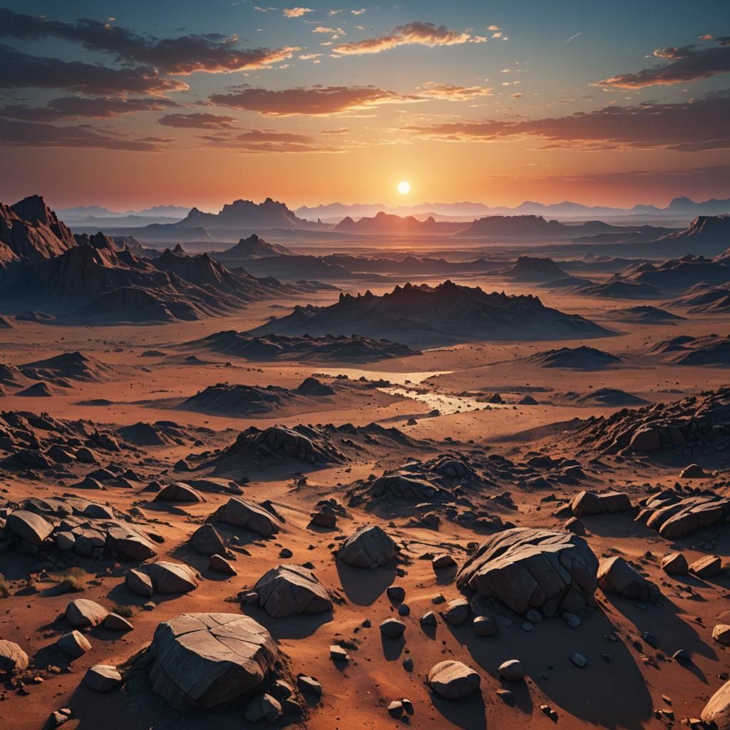 Alien Landscape with Three Suns in Matte Painting Style