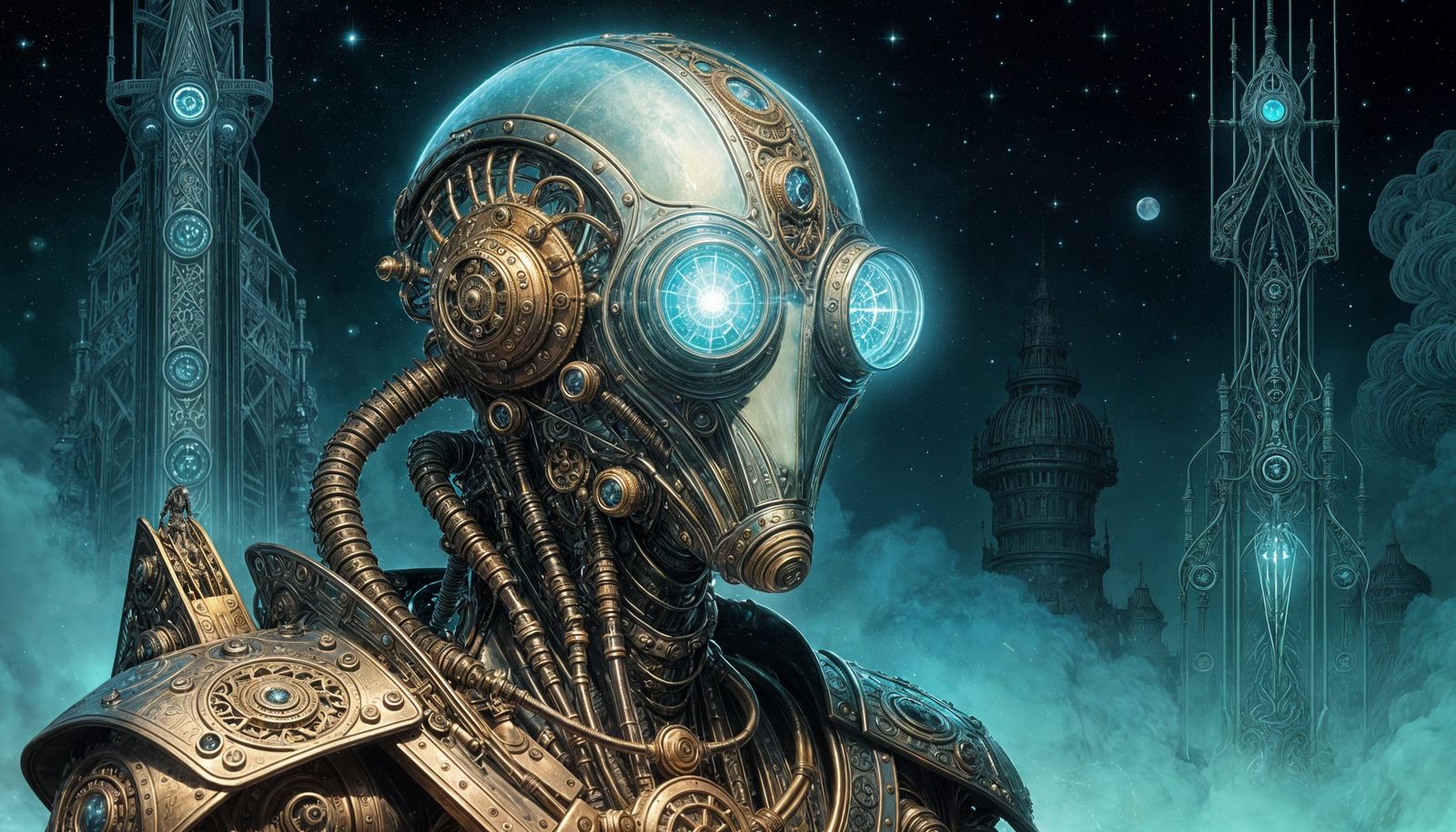 Steampunk Alien Battles Futuristic Monsters in Bio-Luminesce...