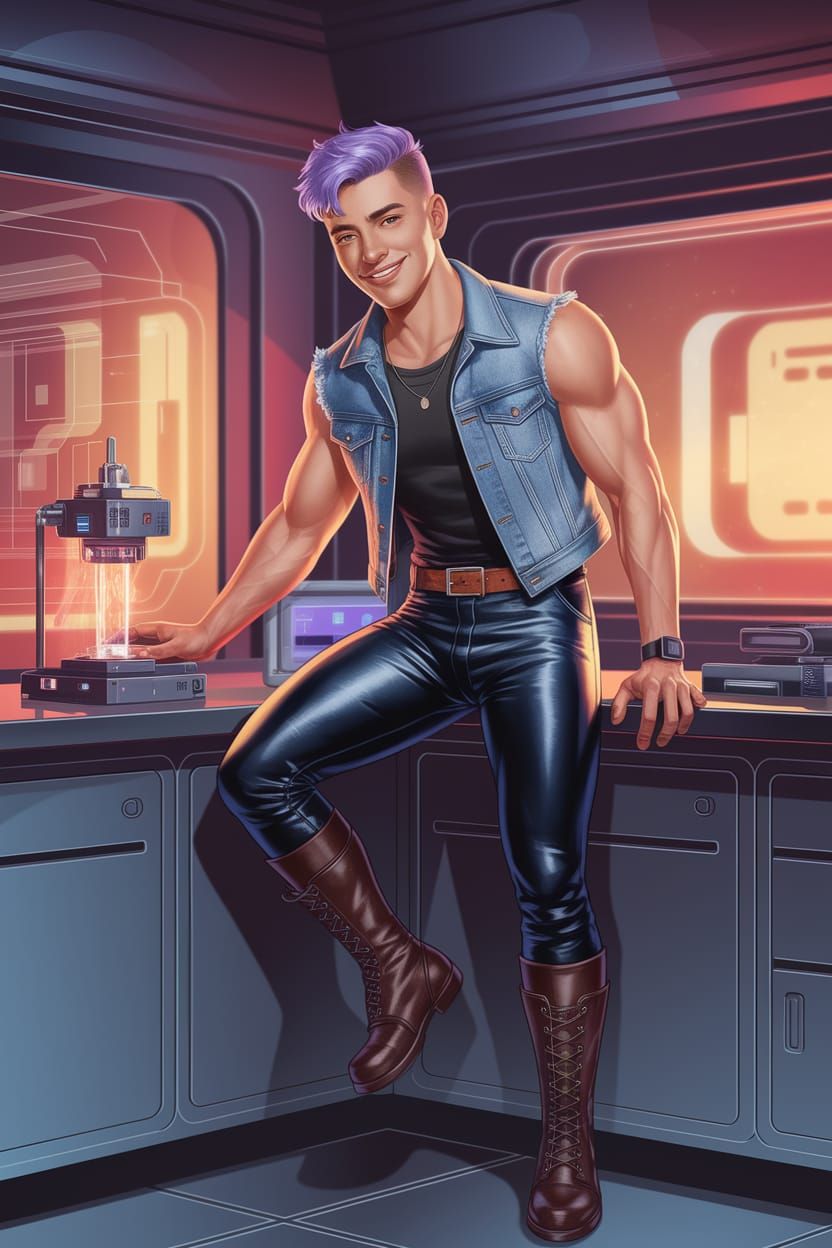 Futuristic Lab Assistant with Lavender Hair in Leather