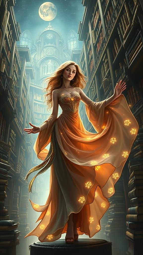 Luminous Sorceress Dancing in Ancient Library