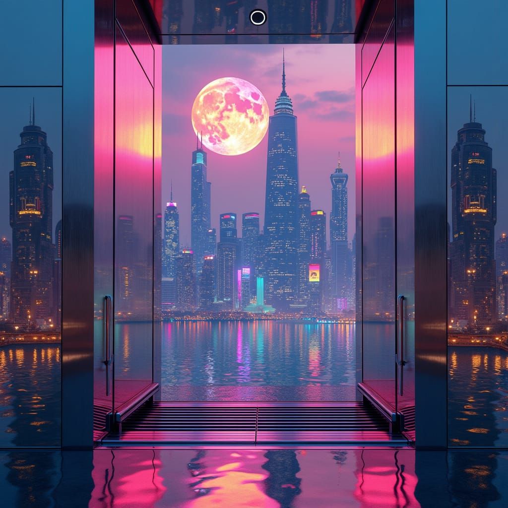 Futuristic Chrome Elevator Descends in Neon Cityscape