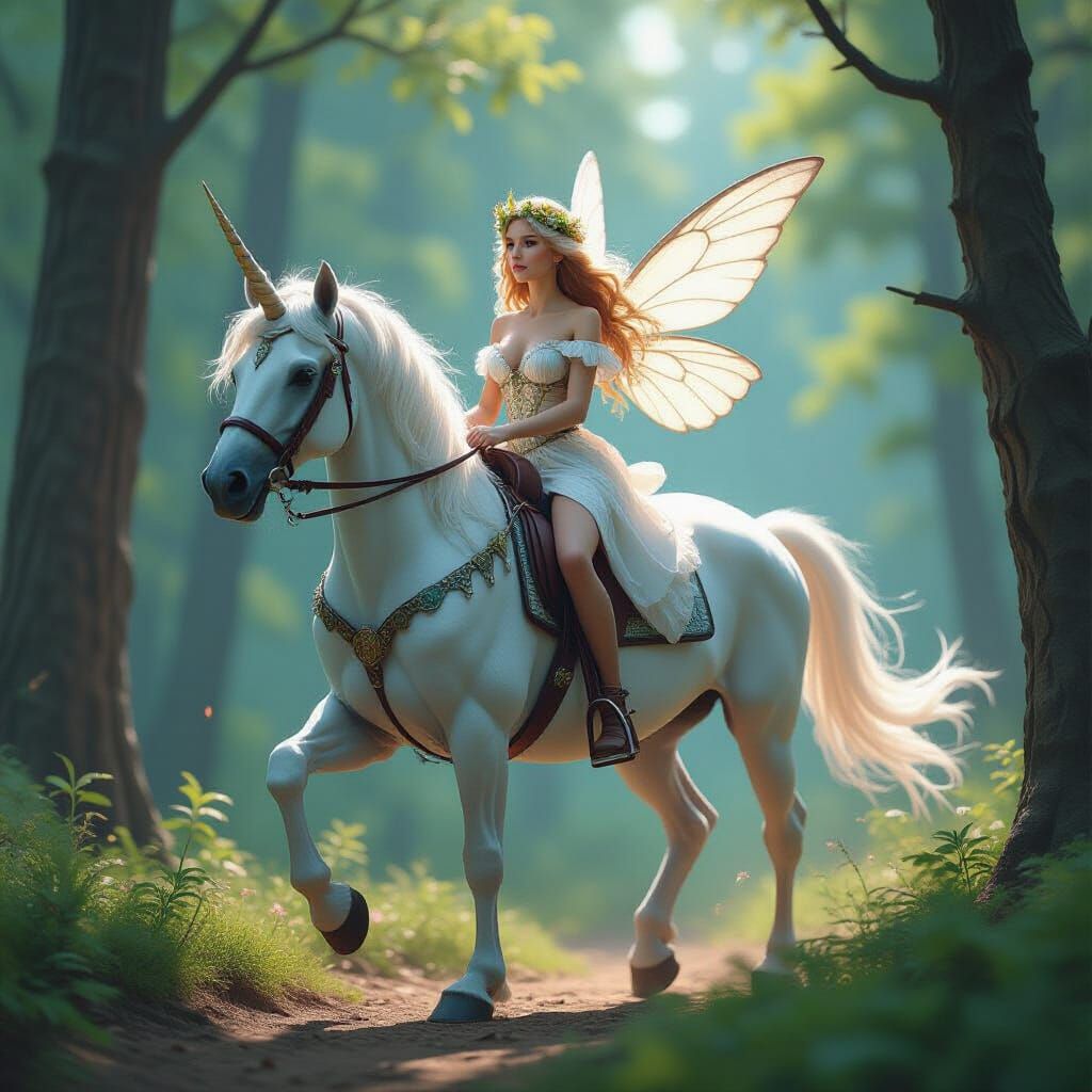 Forest Fairy Rides a White Unicorn