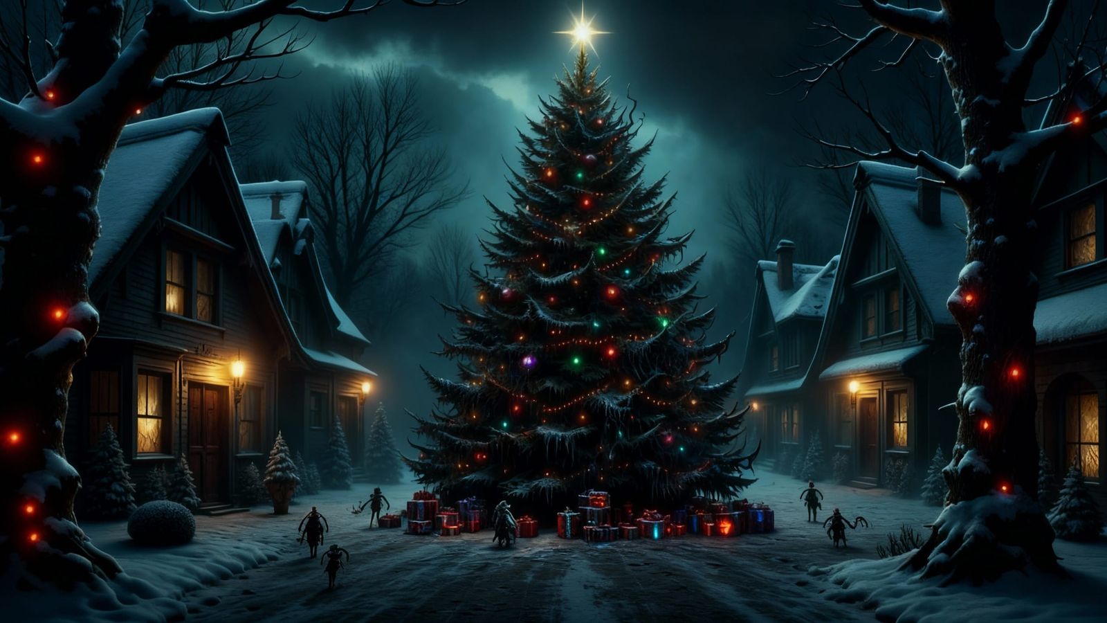 Sinister Zombie Christmas Tree in Surreal Sci-Fi Style