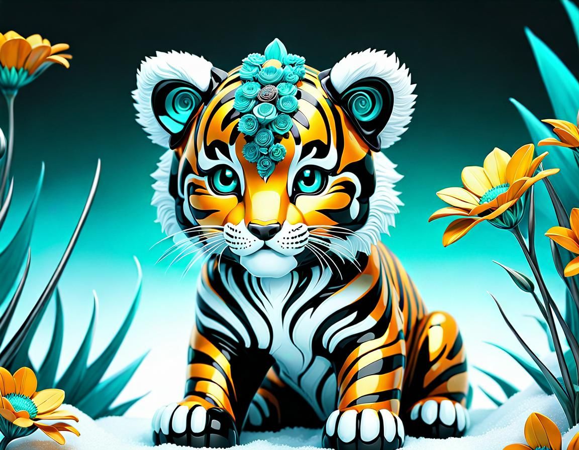 Cyberpunk Floral Tiger Cub in Blown Glass Style