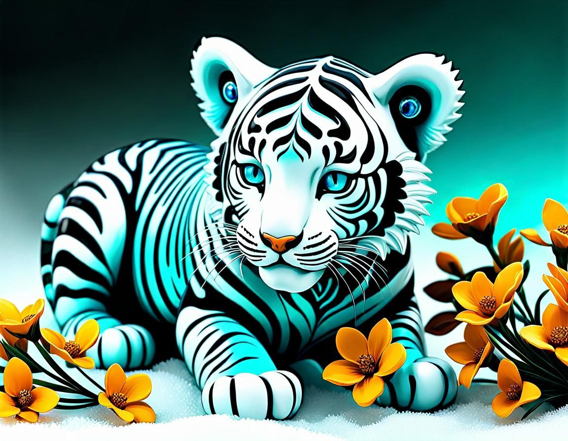 Cyberpunk Blown Glass Tiger Cub in Snow