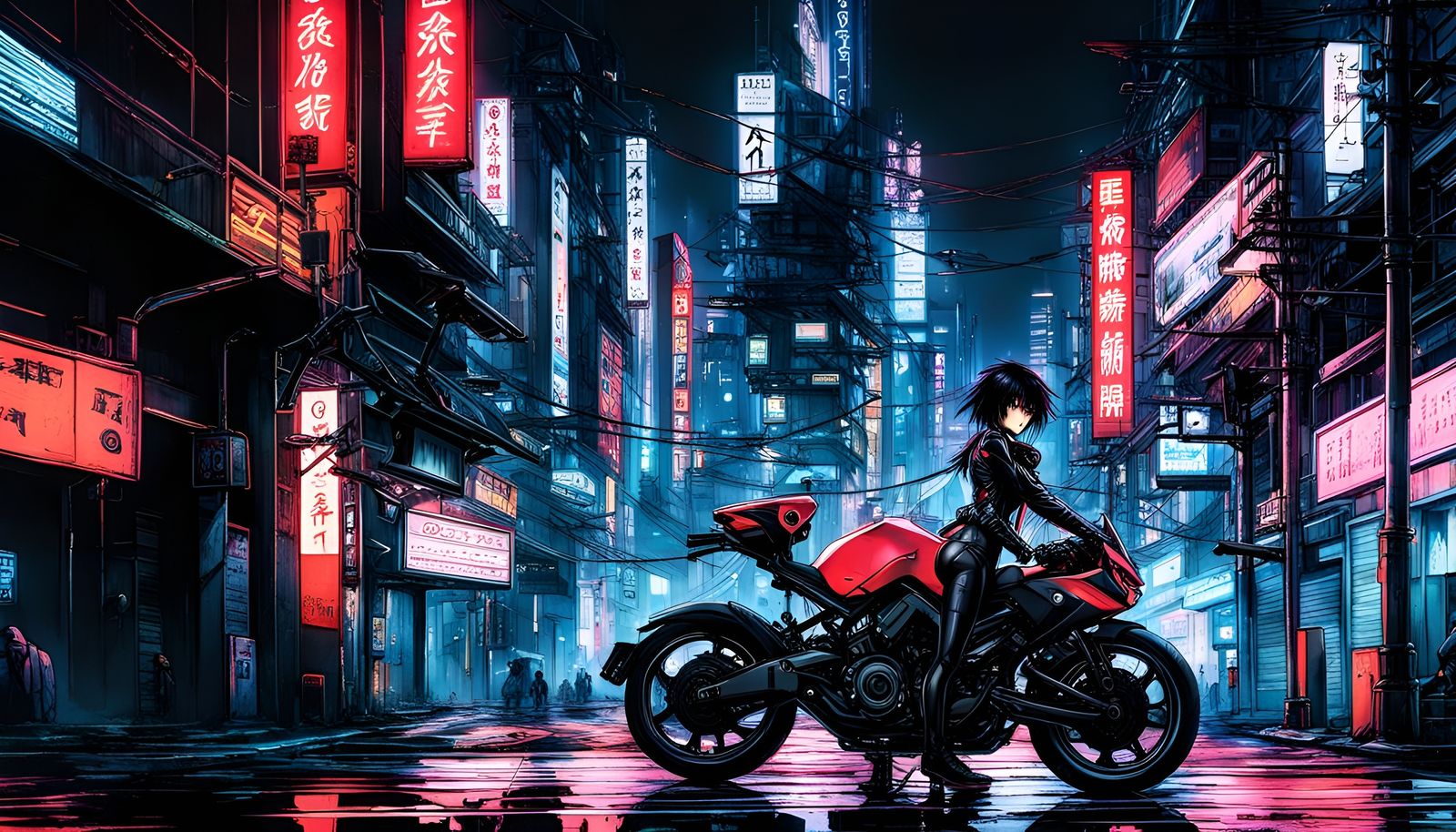 Kusanagi Motoko Rides Akira Bike in Cyberpunk City