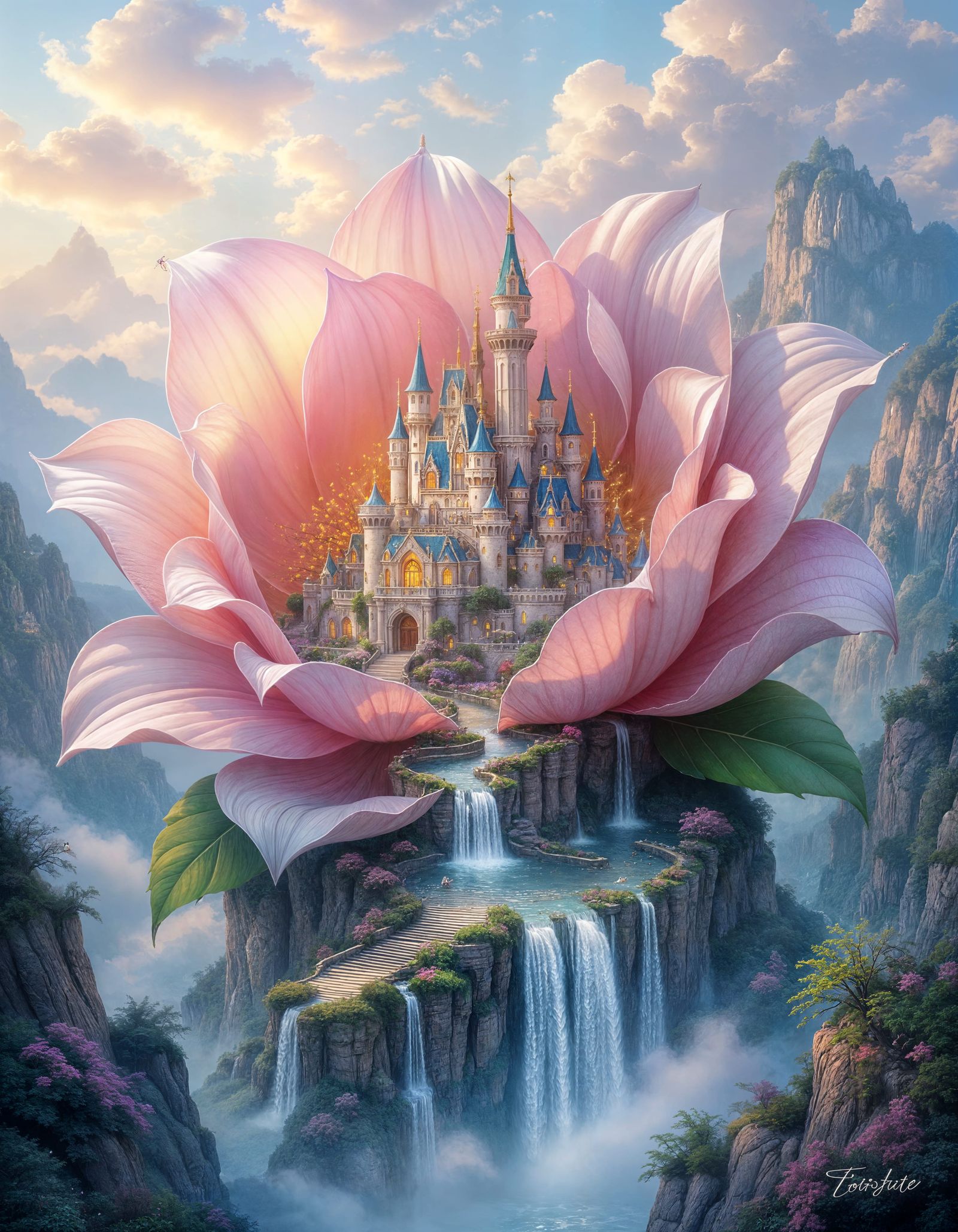 Miniature Fairy Cityscape in Giant Flower Petals