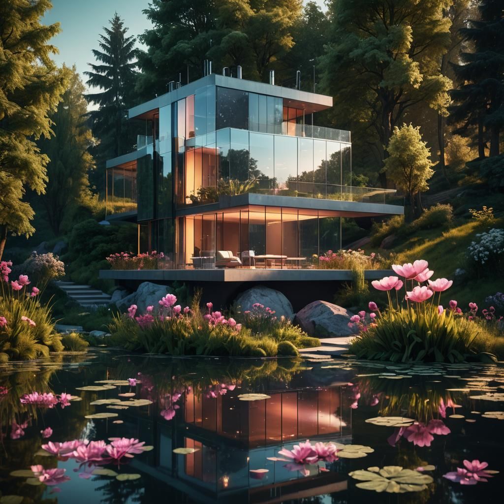 Futuristic Luxury Home by Serene Lake: Digital Art