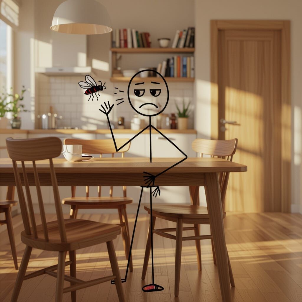 Zen Stick Figure Slaps Fly in Modern Kitchen