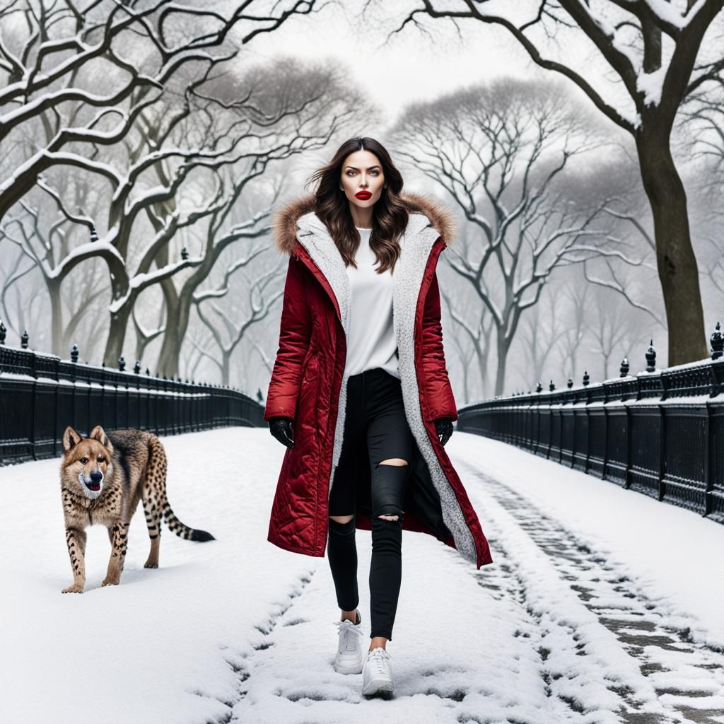 Woman Walking Dog in Snowy Central Park
