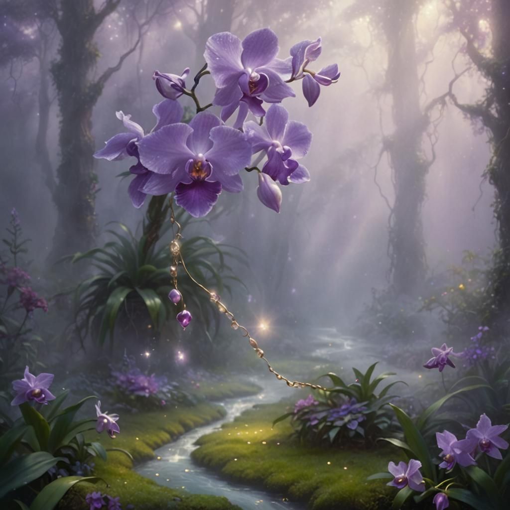 Ethereal Fantasy Art of a Delicate Violet Orchid Chain
