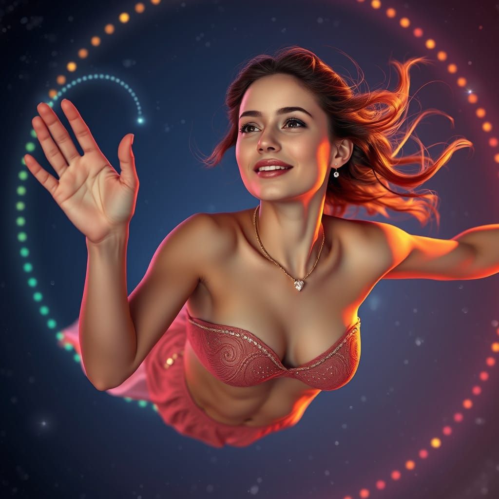 Hyperrealistic Portrait of a Young Woman in Flight, Surround...