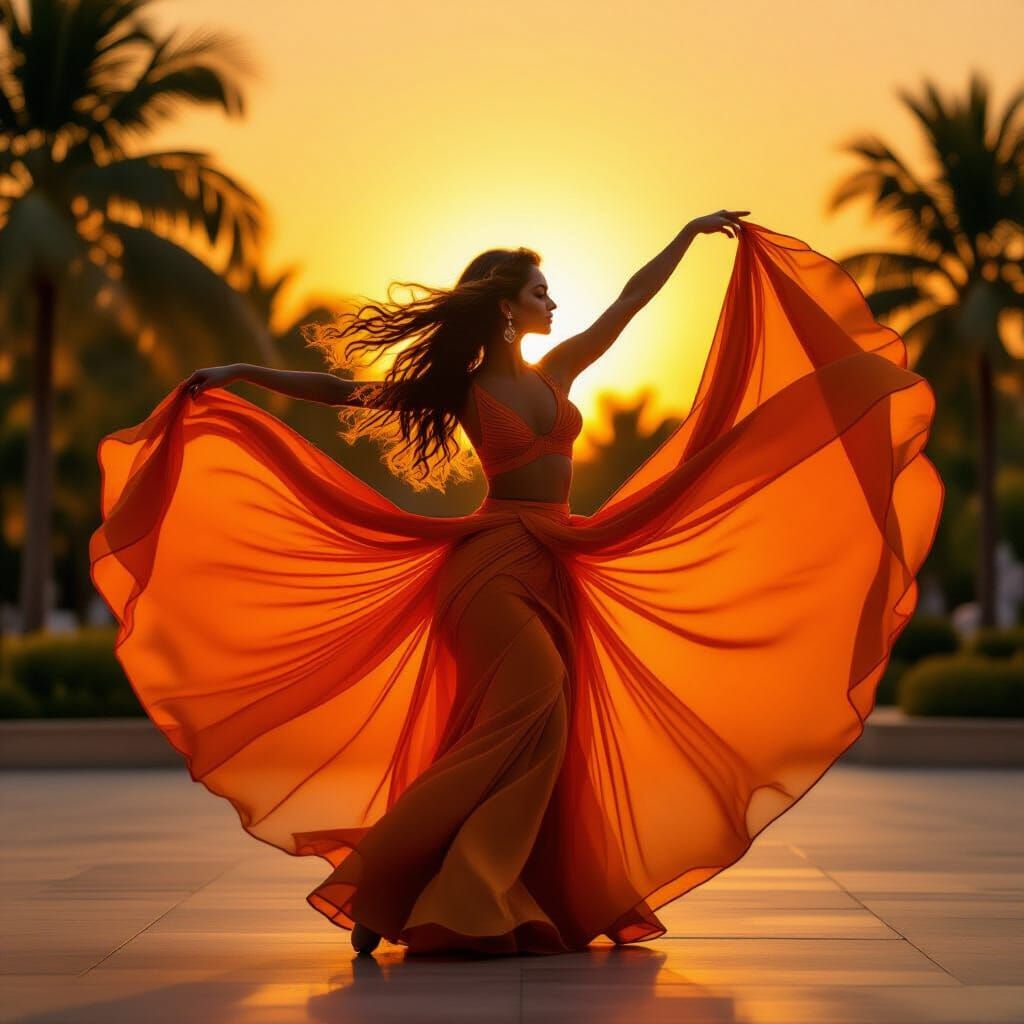 Dancer in Fiery Orange Fabric Under Golden Hour Sun