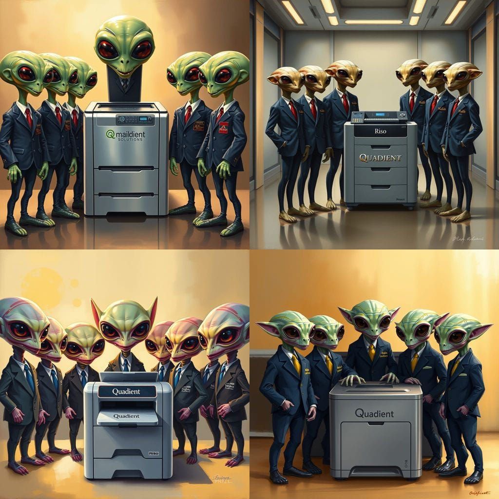 Cute Aliens in Suits Discuss Business with Quadient Printer