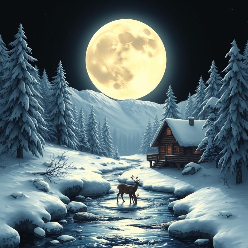 Snowy Mountain Cabin Under Bright Moon