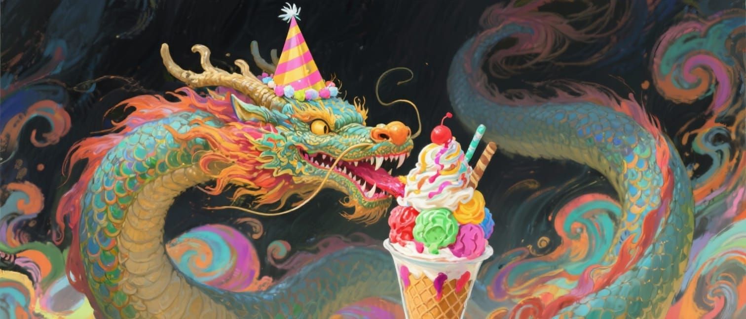 Dragon Eats Sundae in Fantasy Art Style
