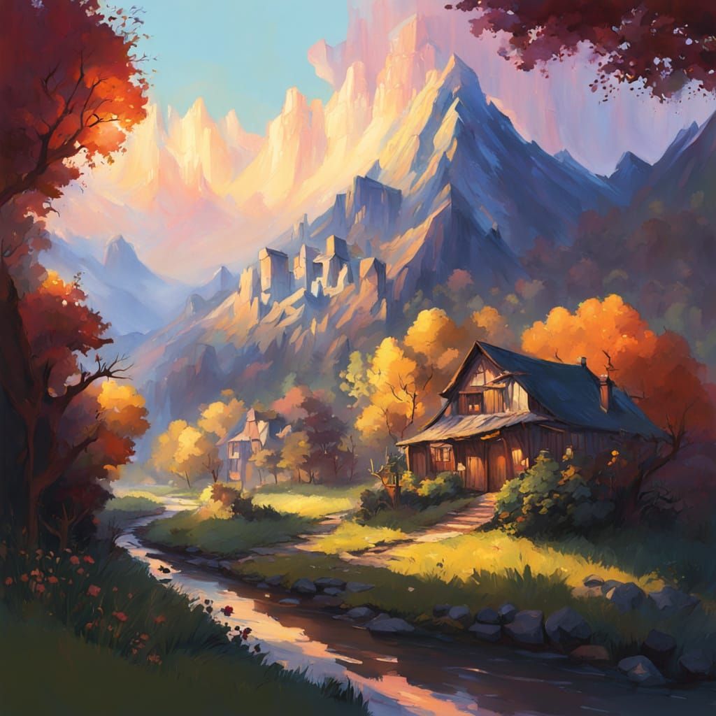 Village View Through Window: Detailed Matte Painting