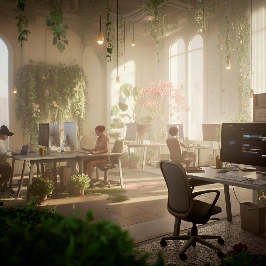 Harmonious Office Scene in Dreamlike 3D Rendering