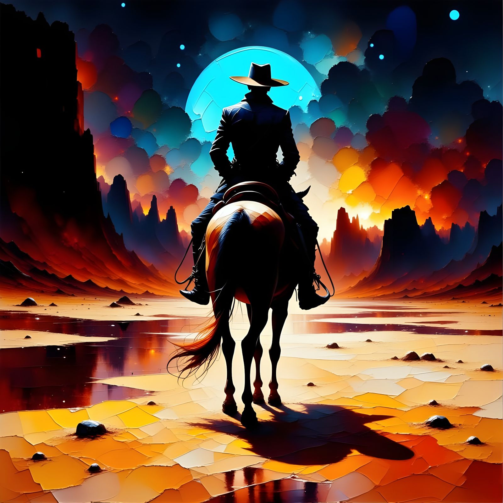 Cowboy in Desert Moonlight: Impasto Style