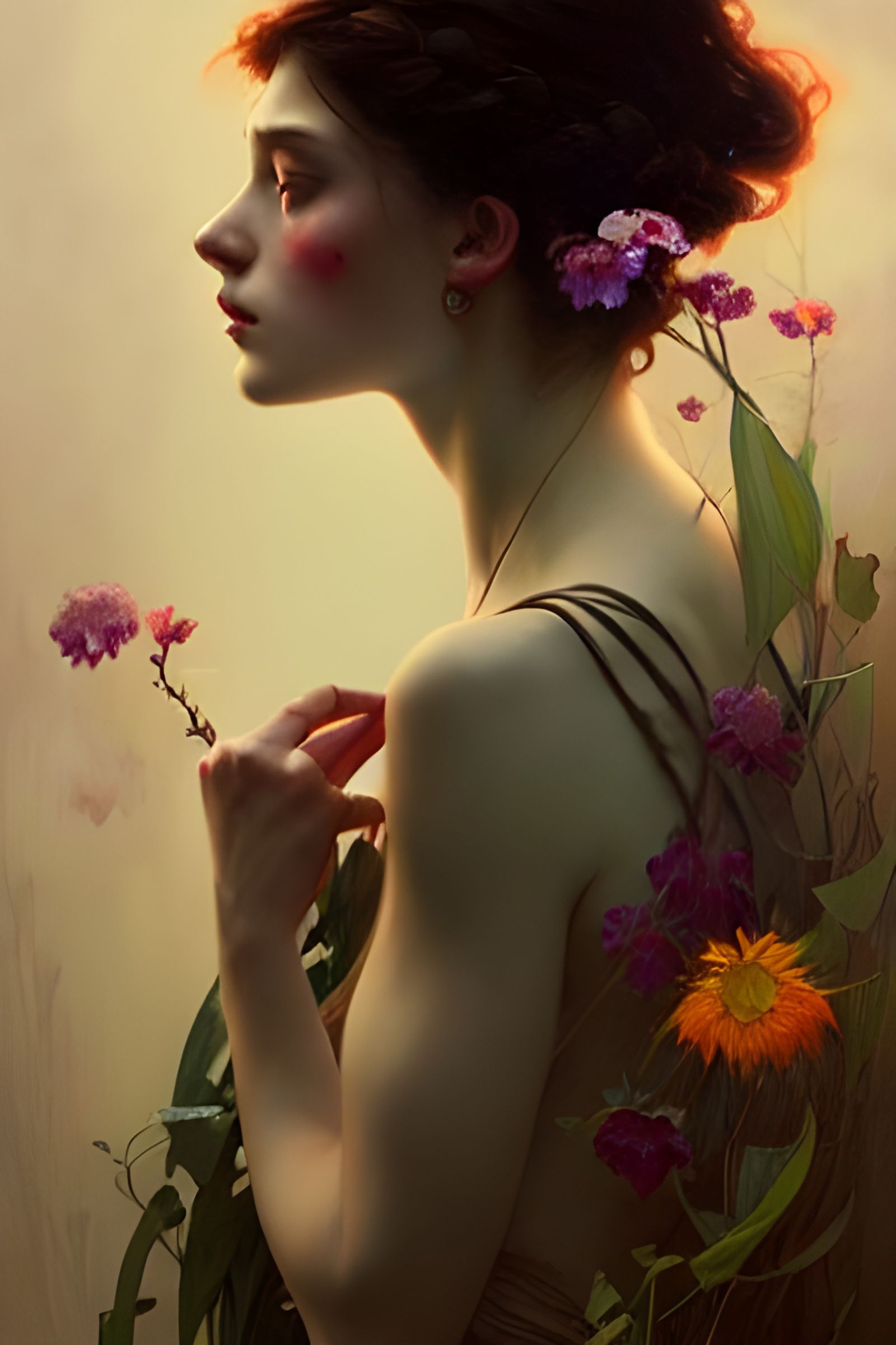Sinister Beauty: Girl with Flowers Portrait in Art Nouveau S...