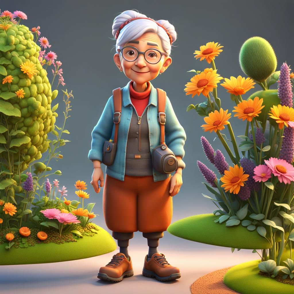 Cute Grandmother Gardener Game Character in Pixar Style