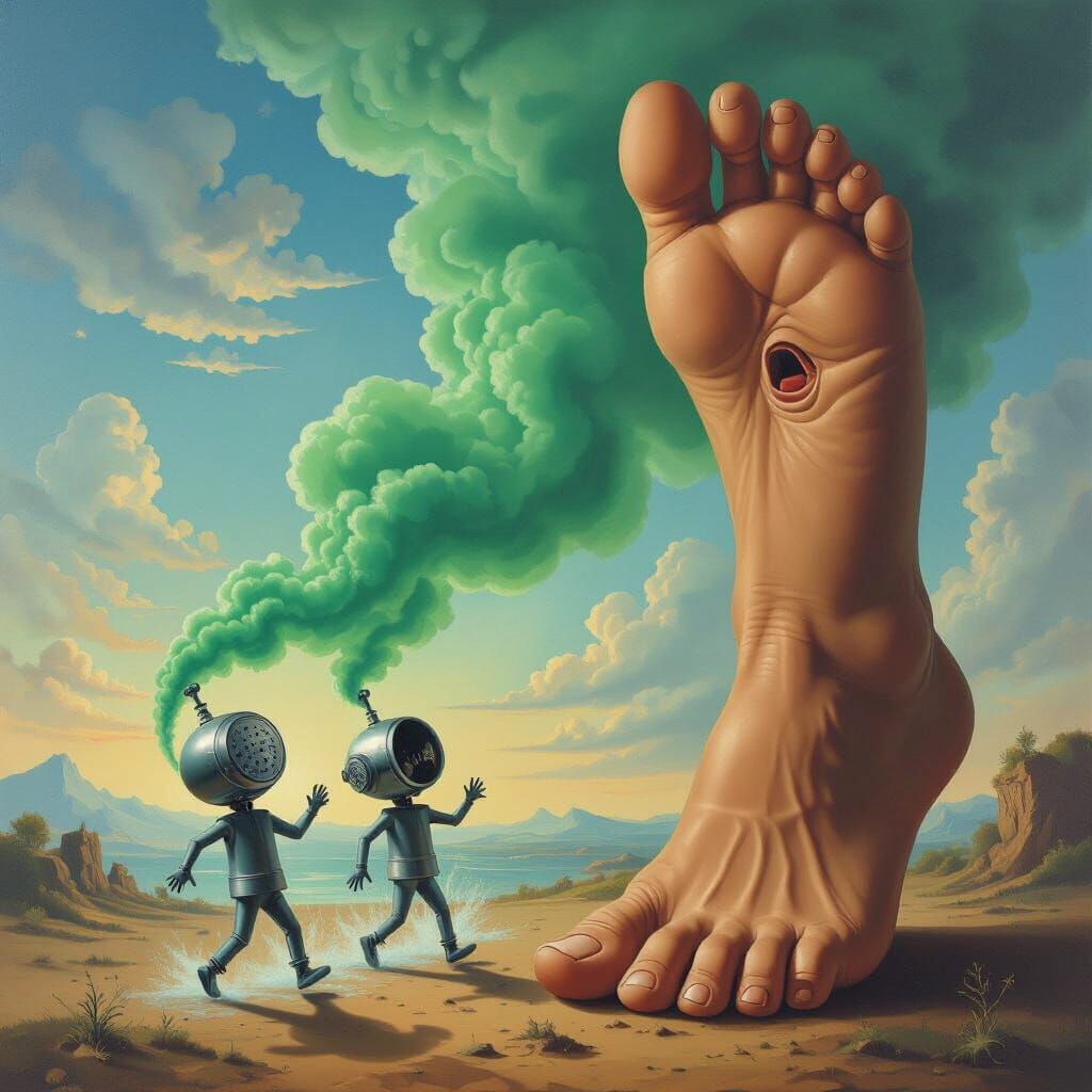 Surrealist Oil Painting of Panicked Shower Heads and Giant F...