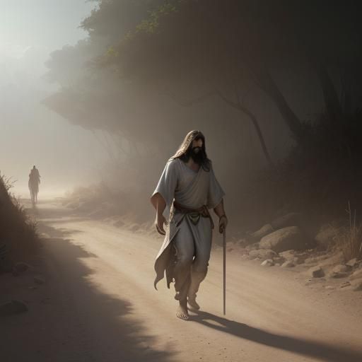 Jesus walking determinedly by a  dusty road, wearing a tunic...