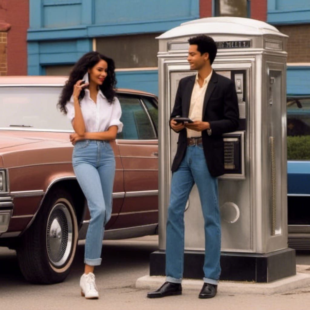 1980s Woman by Payphone with Classic Car