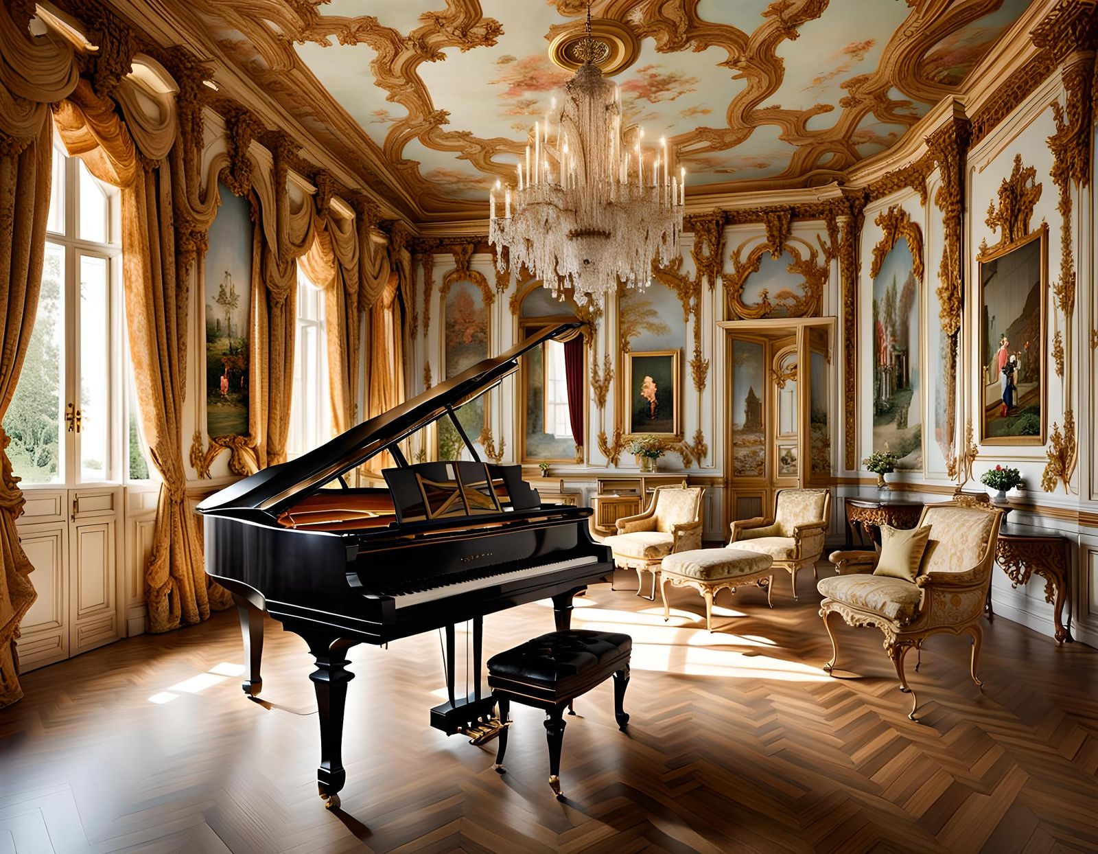 Elegant Rococo Piano Room Interior Design