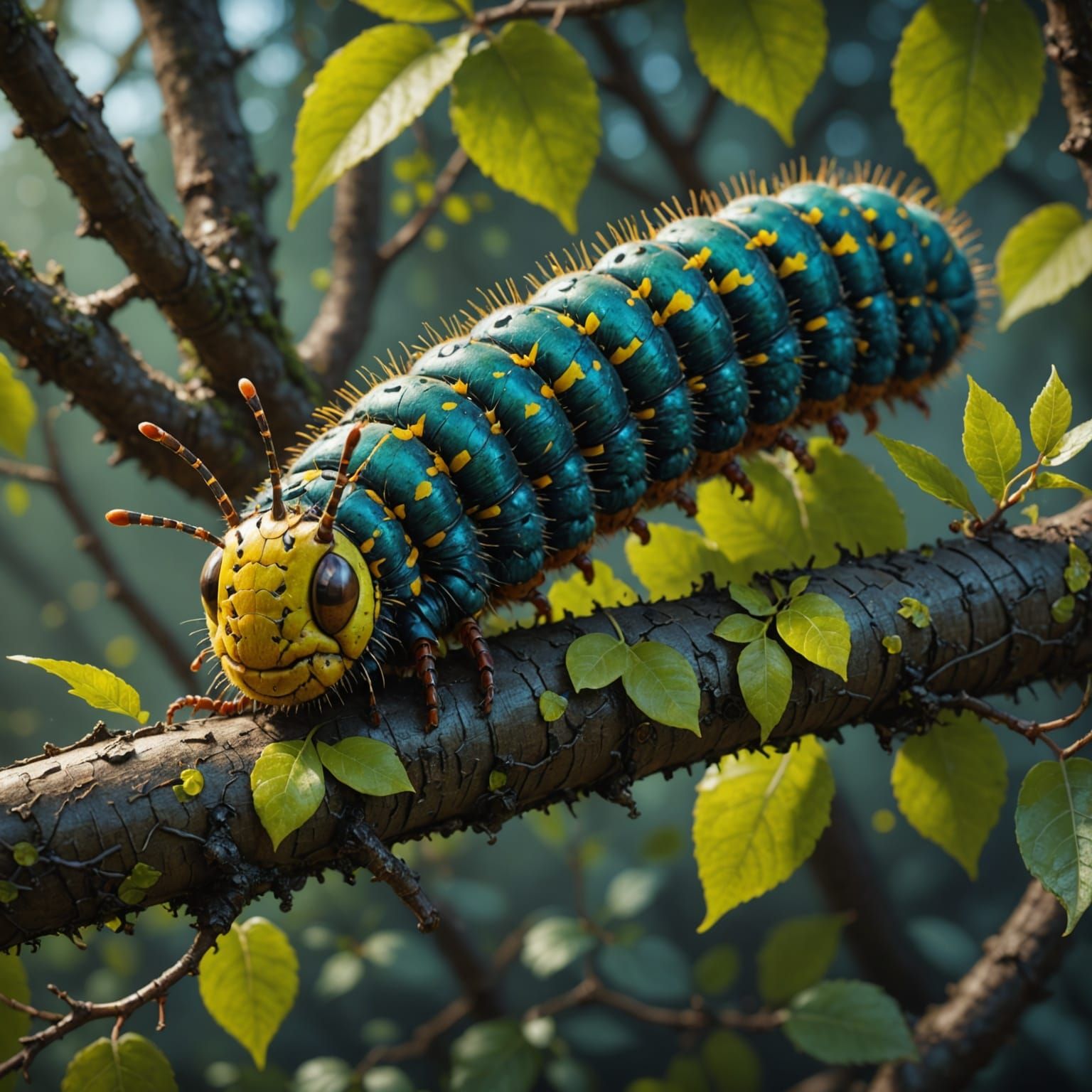 Fantastical Caterpillar on a Tree Branch in Deep Color
