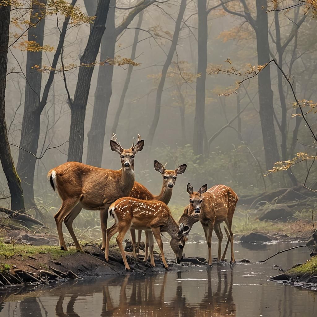 Deer and Fawn at Mountain Brook in Fog