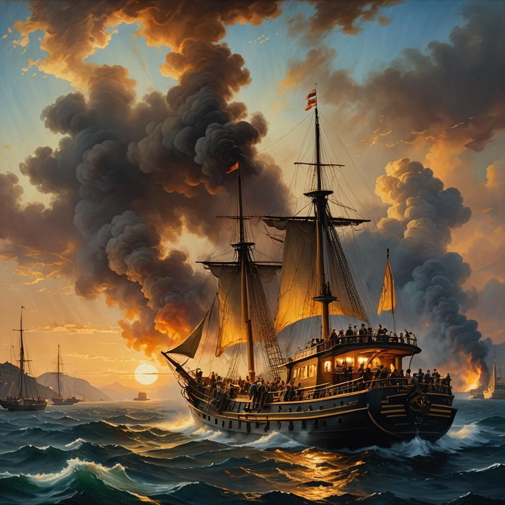 Greek Island Ferry at Twilight, Oil Painting